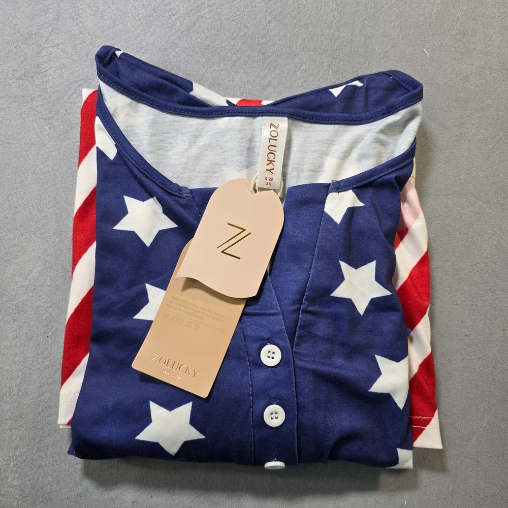 Zolucky Womens American Flag Henley Top Stars Stripes Plus Size 2X New